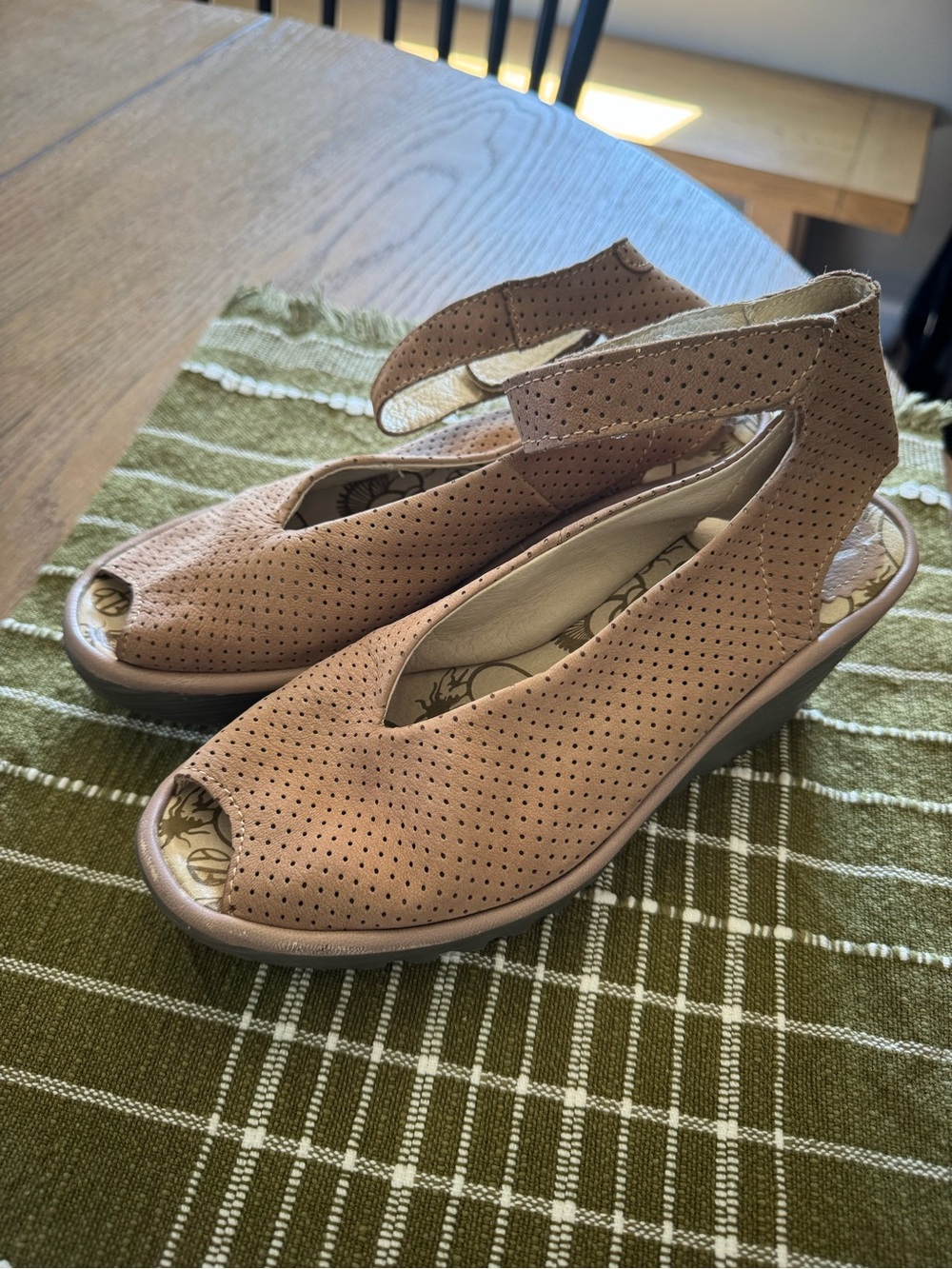 Fly London Yala Perforated Leather Wedge Sandals Taupe EU 38 US 7.5 8